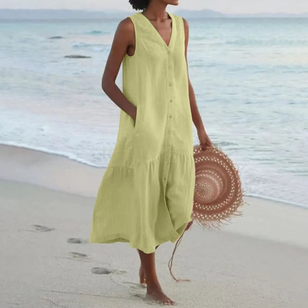 Elegantes V-Ausschnitt Kleid – Damen Sommerkleid knielang für stilvolle Anlässe