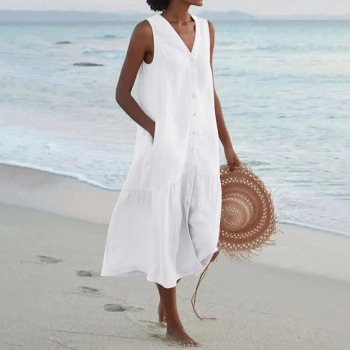 Elegantes V-Ausschnitt Kleid – Damen Sommerkleid knielang für stilvolle Anlässe