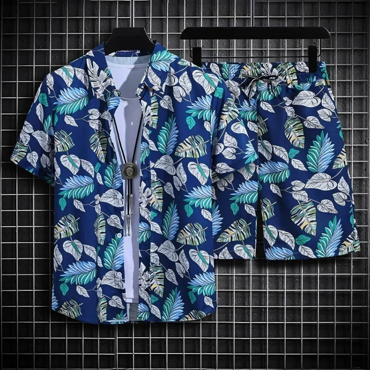 Tropisches Hemd- und Shorts-Set mit Blätterdruck für Männer