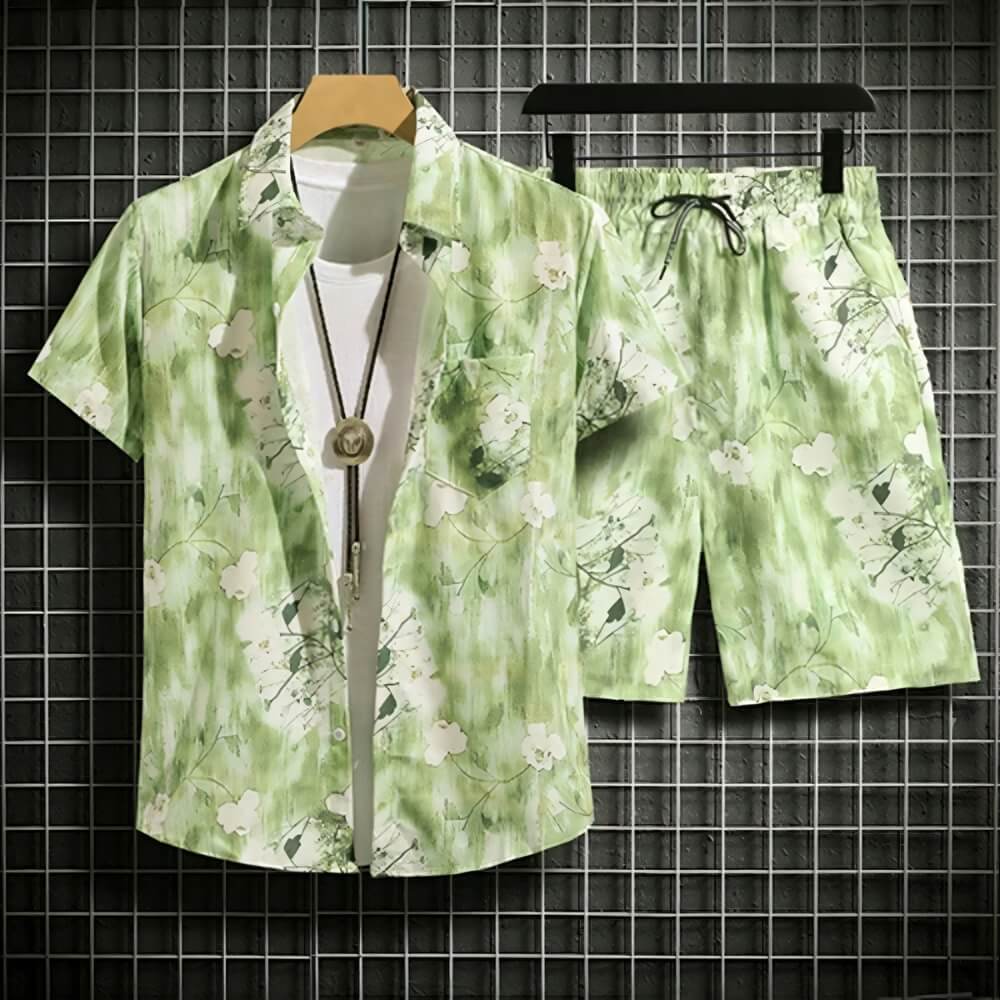 Tropisches Hemd- und Shorts-Set mit Blätterdruck für Männer