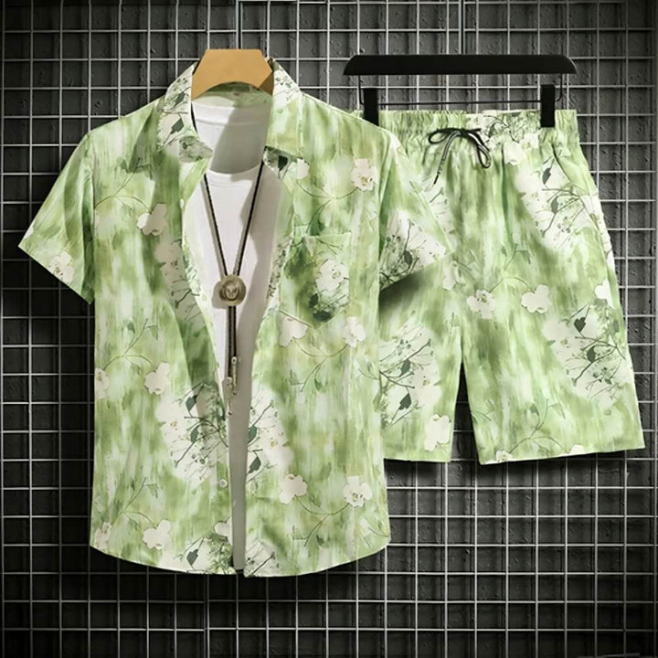 Tropisches Hemd- und Shorts-Set mit Blätterdruck für Männer