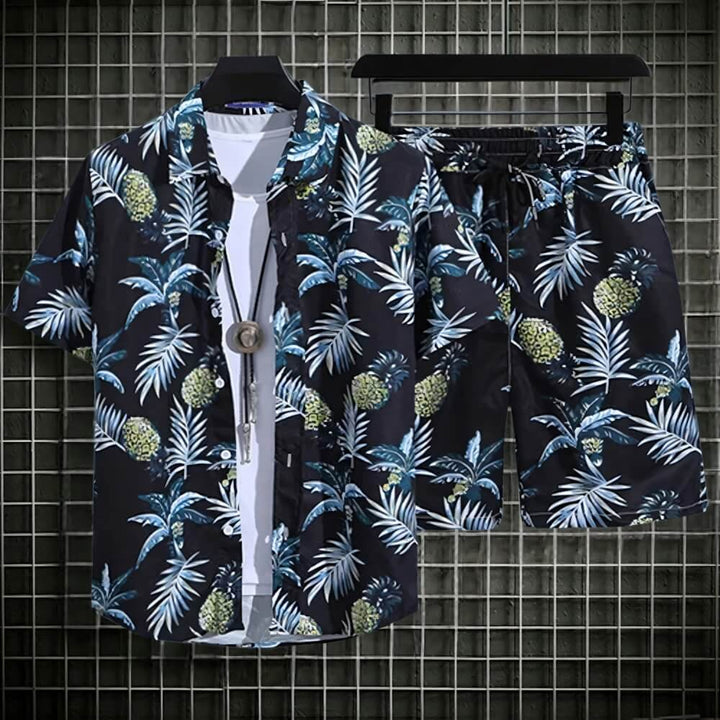 Tropisches Hemd- und Shorts-Set mit Blätterdruck für Männer