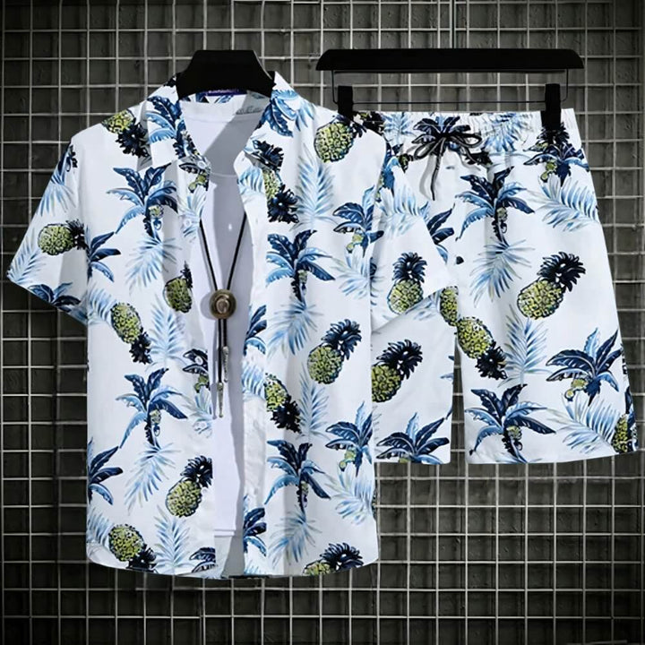 Tropisches Hemd- und Shorts-Set mit Blätterdruck für Männer