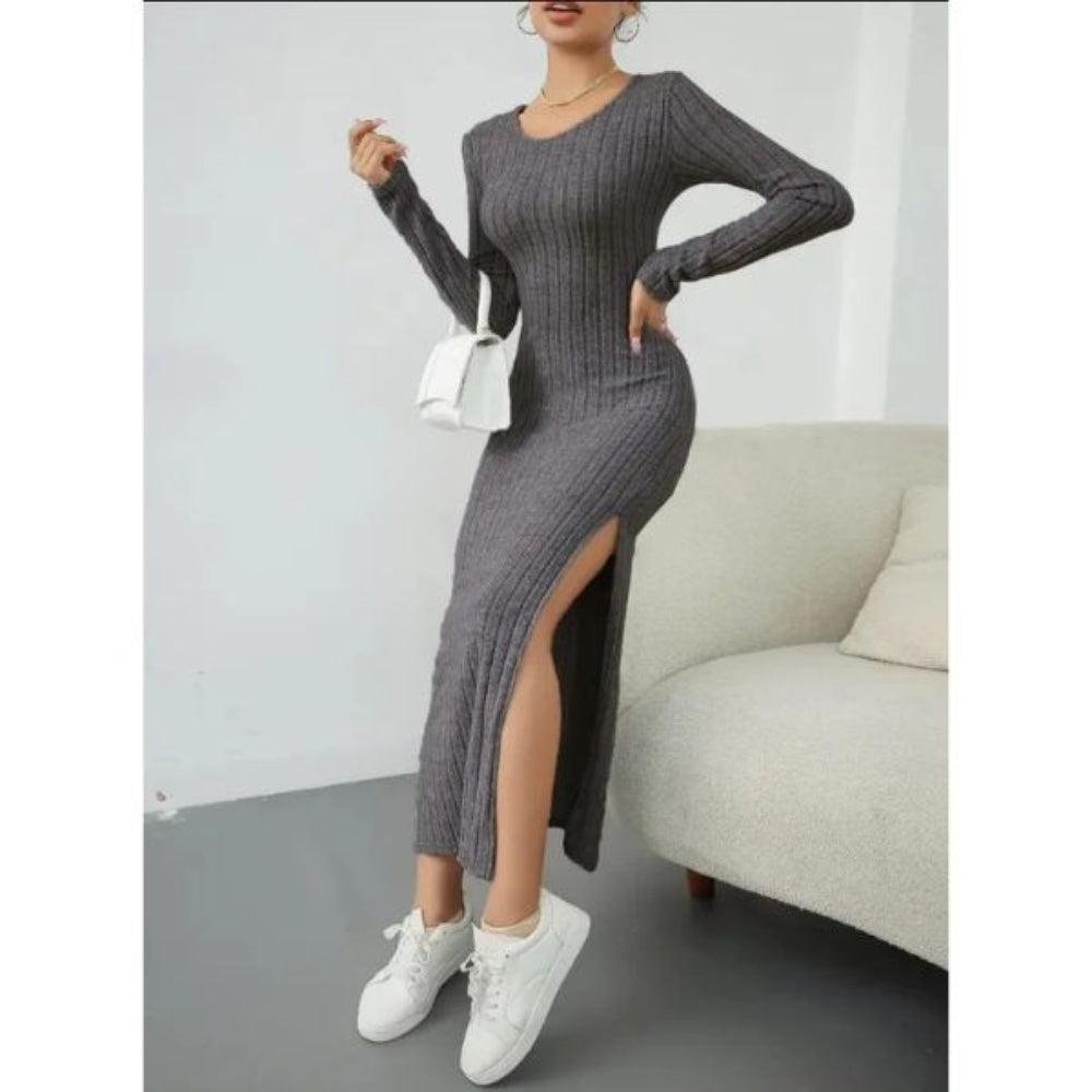 Elegantes Langarmkleid Damen mit Beinschlitz für Alltag & Freizeit