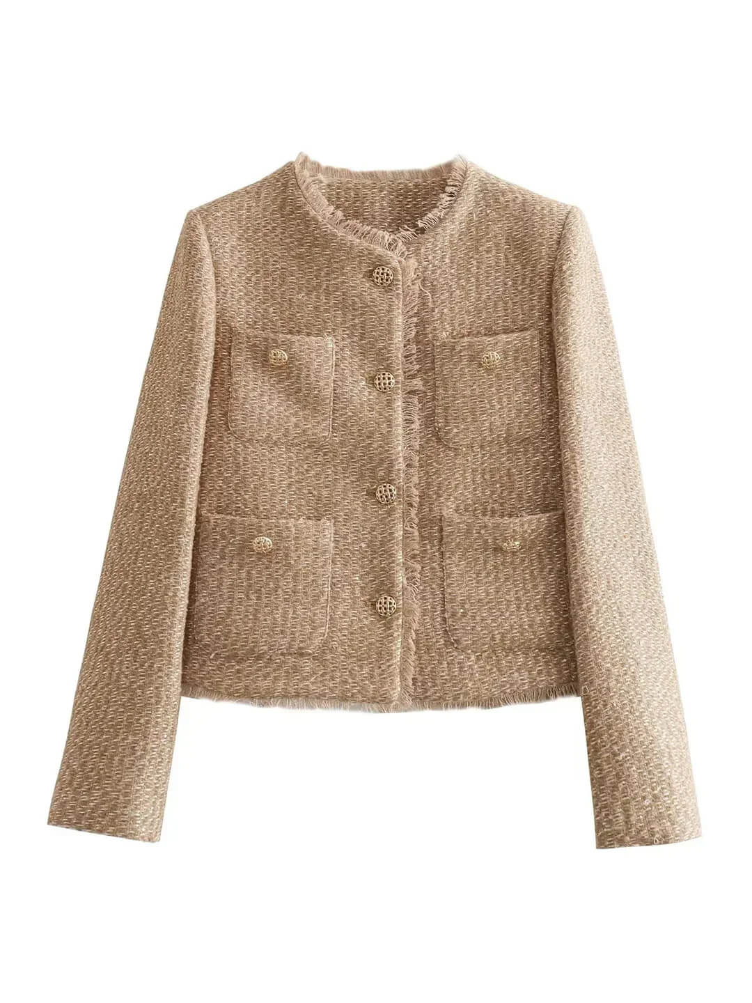 Elegante Tweedjacke in Beige, feminin, ideal für Alltag und Business